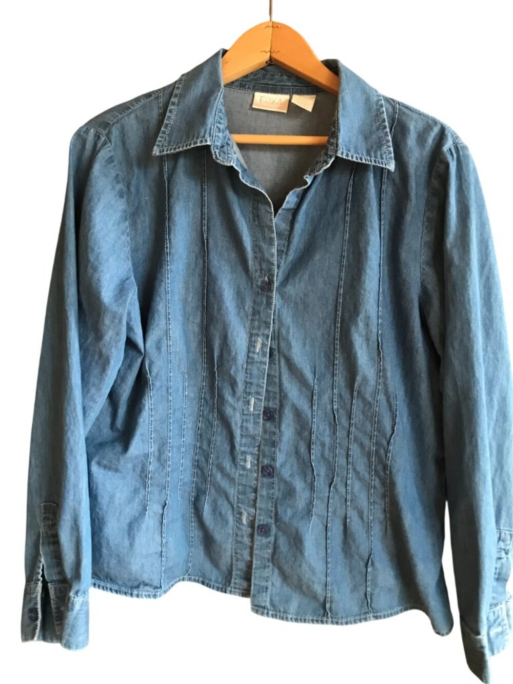 Pleated Denim Shirt Long Sleeves Button-Down Cotton Vintage Erika Size L